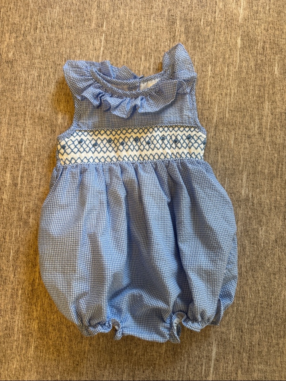 Cecil and Lou Blue Gingham Smocked Romper, 2T